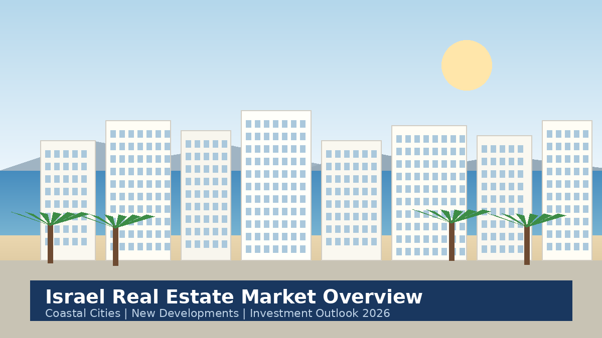 Illustration of a modern residential skyline along the Israeli Mediterranean coast with palm trees and clear sky. Israel’s residential skyline, coastal cities, and growing new-build supply make it a distinct market in the region.