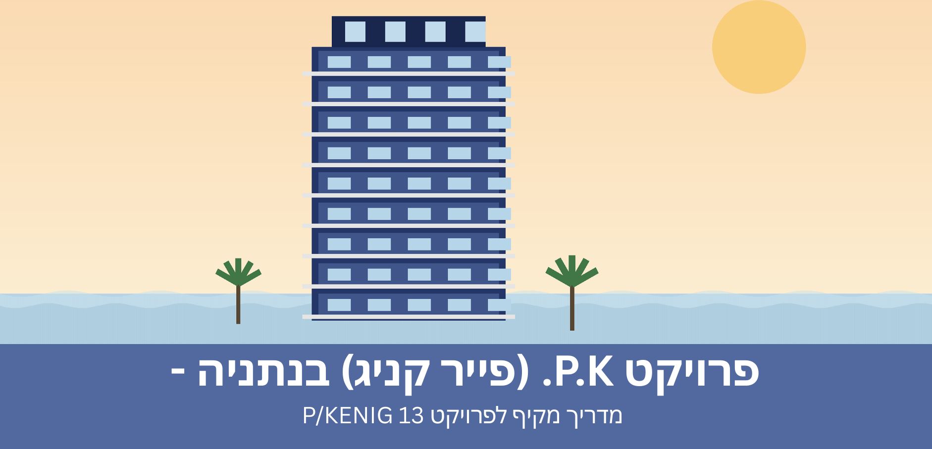 איור אדריכלי מינימליסטי של בניין מגורים בן 9 קומות מול קו החוף בנתניה בשעת שקיעה, מייצג את פרויקט P/KENIG 13 (פייר קניג) בשכונת נת 600