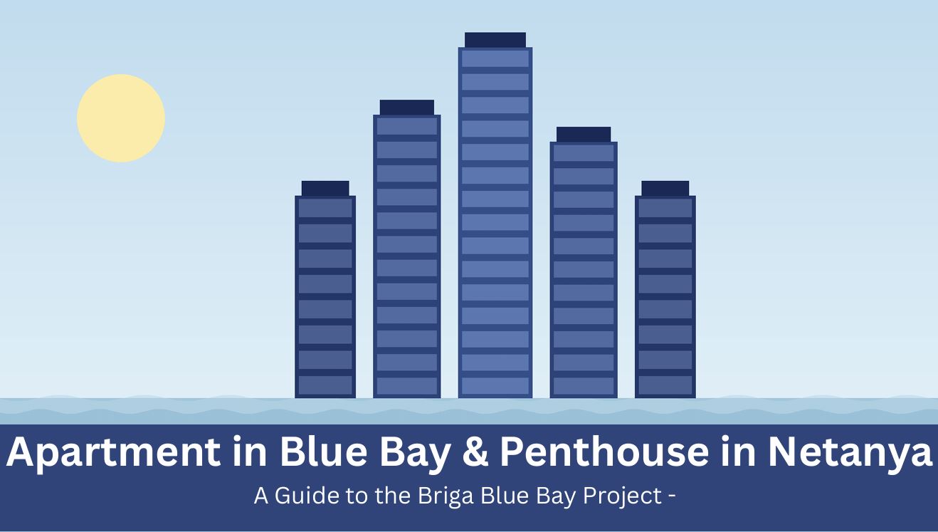 Minimalist architectural illustration of five residential towers of varying heights facing the Netanya coastline, representing the Briga Blue Bay project and the city's penthouse market